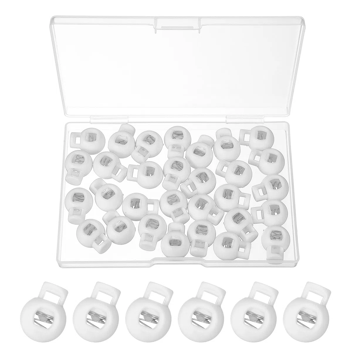 PATIKIL Fermacorda Rotondo, 30 Pcs Fermagli Regolabili A Molla Con Foro Singolo In Plastica Per Lacci Paracord E Stringhe Con Scatola, Bianco