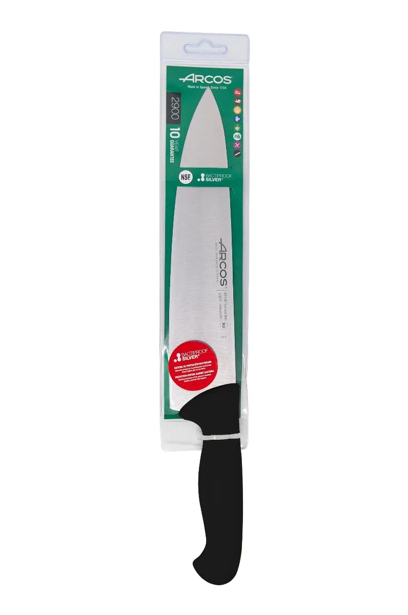 Arcos Coltello Cheferies 2900 – Lama in Acciaio Inossidabile Nitrum 25 cm – Manico in Polipropilene, Sistema di Identificazione Colore per Igiene e Salute – Nero, Argento