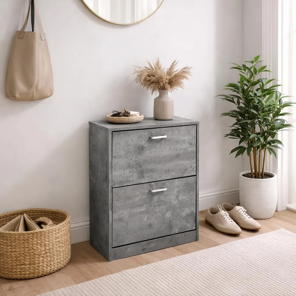 Scarpiera in Legno 63X24X81CM - Struttura in Legno Truciolare, Melaminico, Ante con Divisori, Salvaspazio, per Ingresso, Organizza Scarpe, Design Elegante - (Effetto Cemento, 2 Ante)