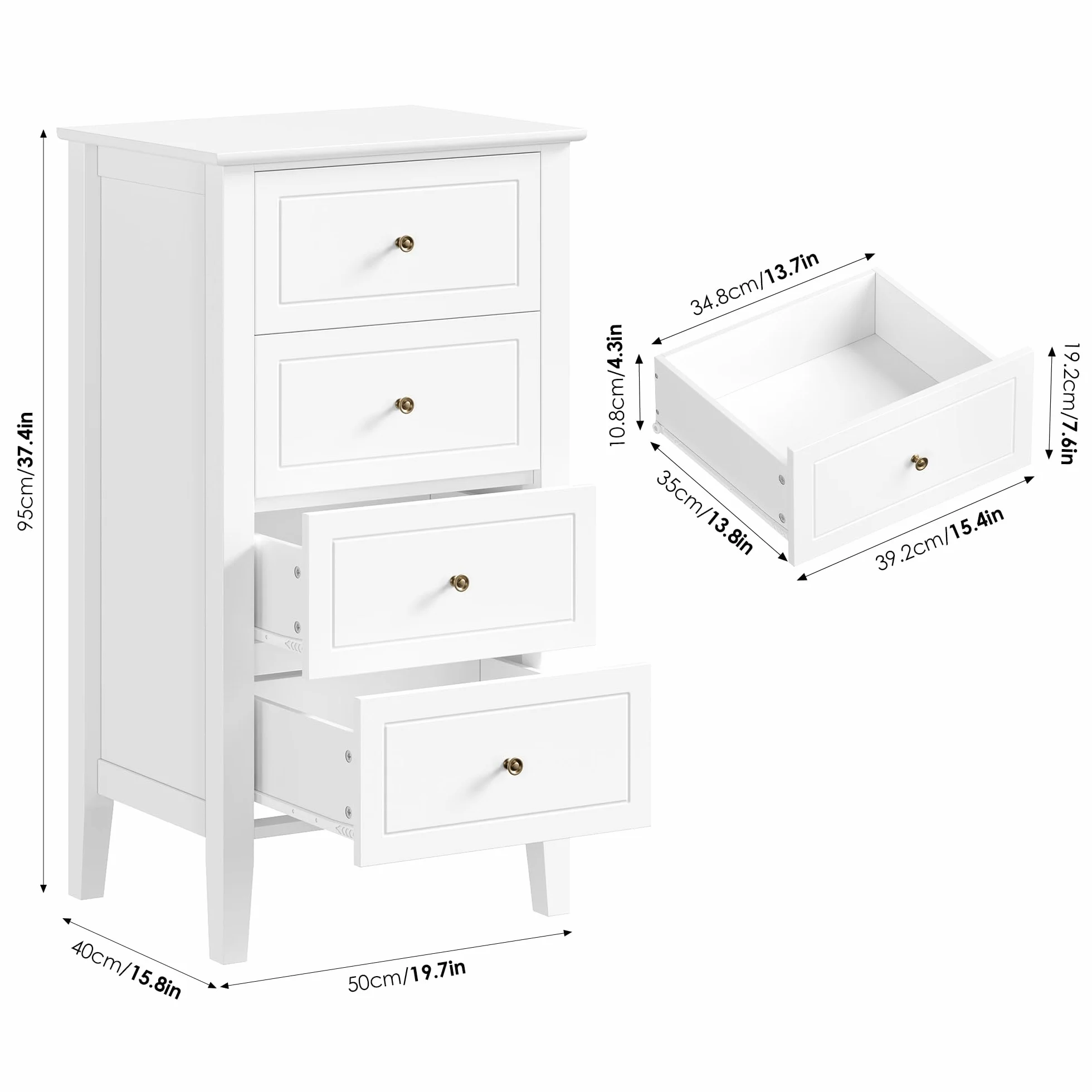 FOREHILL Cassettiera Camera da Letto, Comodino Bianca con 4 Cassetti in Legno, Mobiletto Autoportante per Soggiorno, Corridoio, Cucina 50x40x95 cm