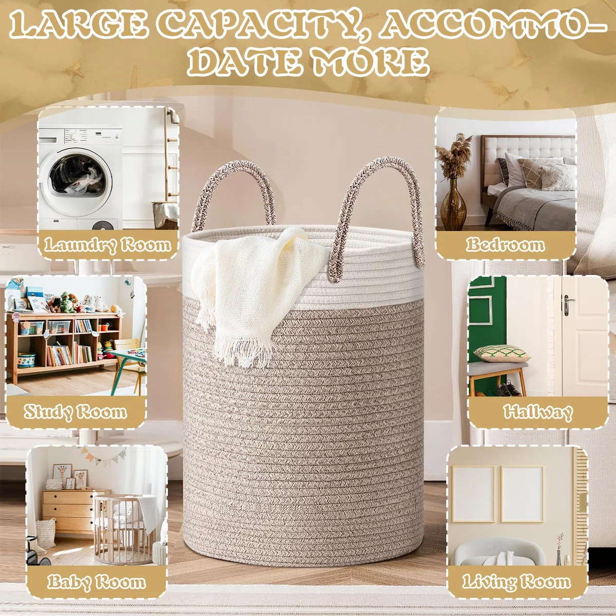 ZLPBAO XXL Cesto Portabiancheria Sporca Intrecciato in Cotone con Manico, Portabiancheria Grande, Cesto Portabiancheria Pieghevole Cesta Panni Sporchi per Lavanderia Bambini Bagno Giocattoli Coperte