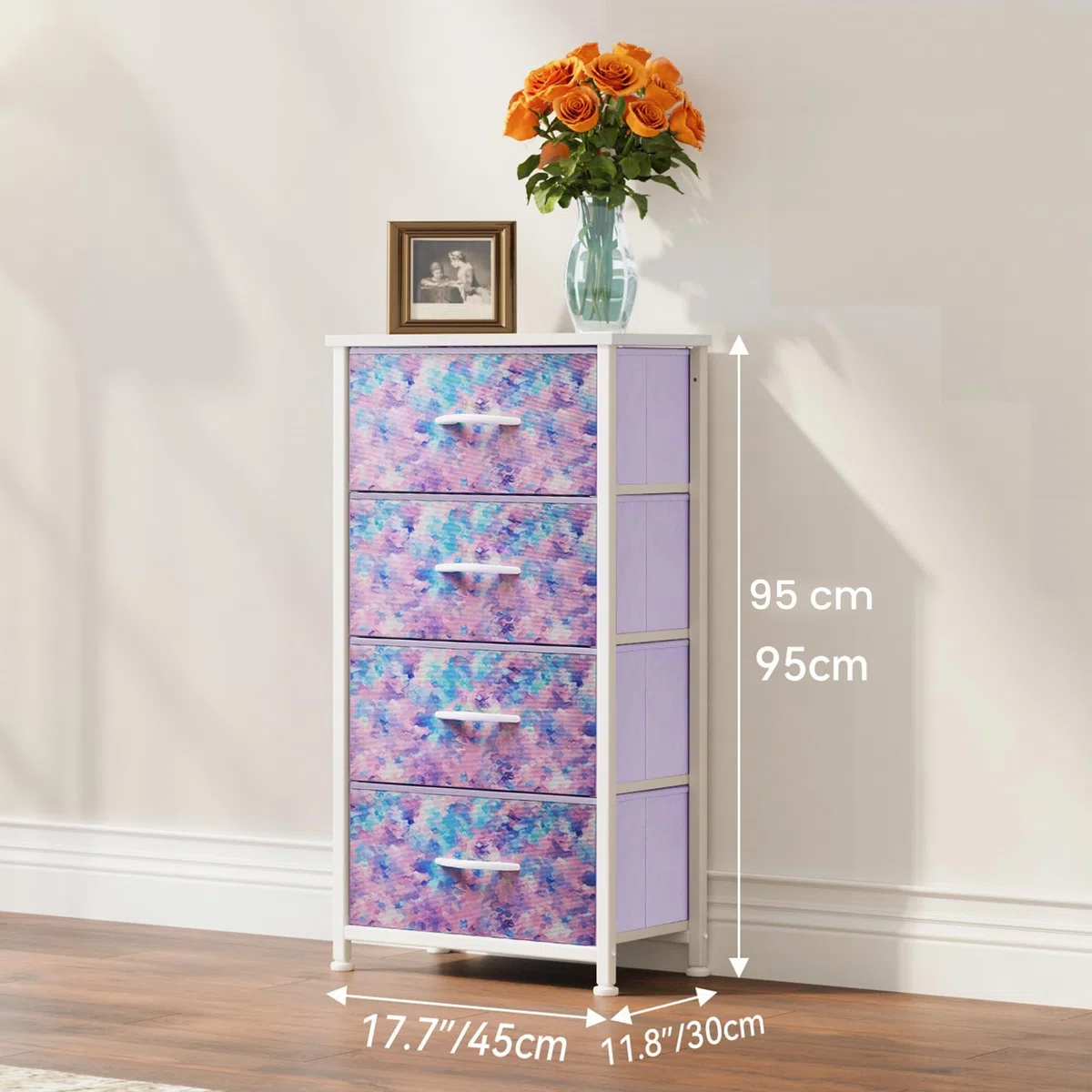 YITAHOME Cassettiera in tessuto,Armadietto con 4 Scomparti,Tiretti Pieghevoli in Tessuto,Struttura in Acciaio,Stampa Viola