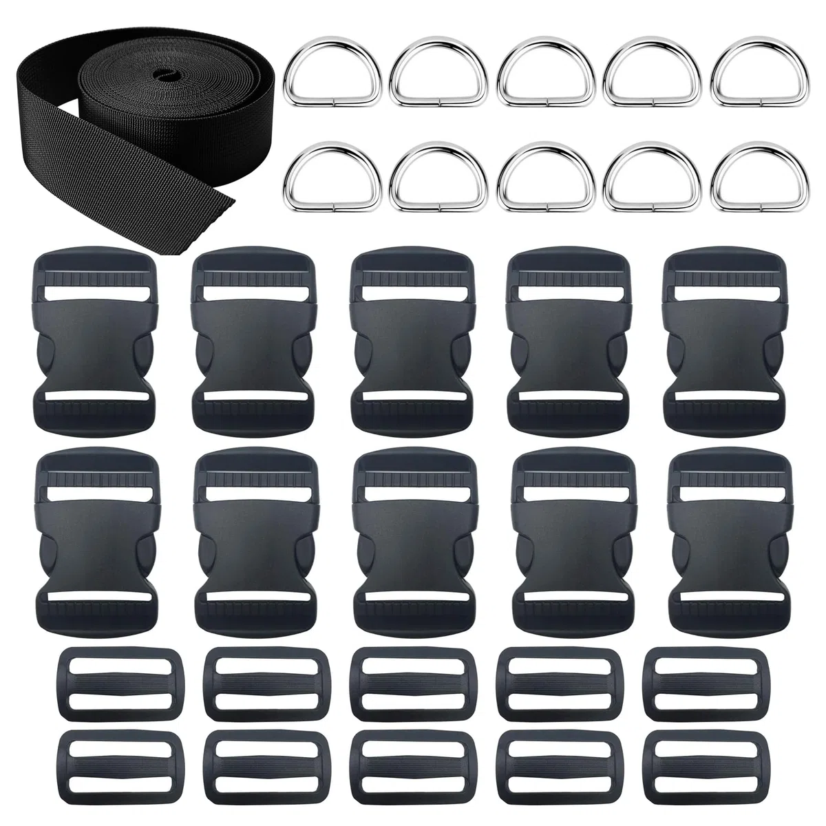 HUAZIZ Set di Fettuccia con Fibbia Zaino, Fibbie Regolabili Nere, Fettuccia 5 Meter Nylon, 10 Pcs di Fibbie in Plastica per Zaini, Valigie e Cinghie per Animali (38 mm)