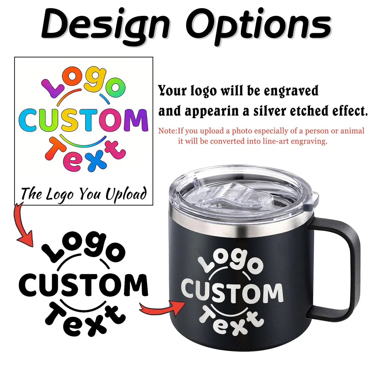 Tazza da caffè isolata personalizzata con nome/testo/logo inciso, bicchiere da viaggio in acciaio inossidabile personalizzato con manico coperchio Tazza termica a doppia parete personalizzata per