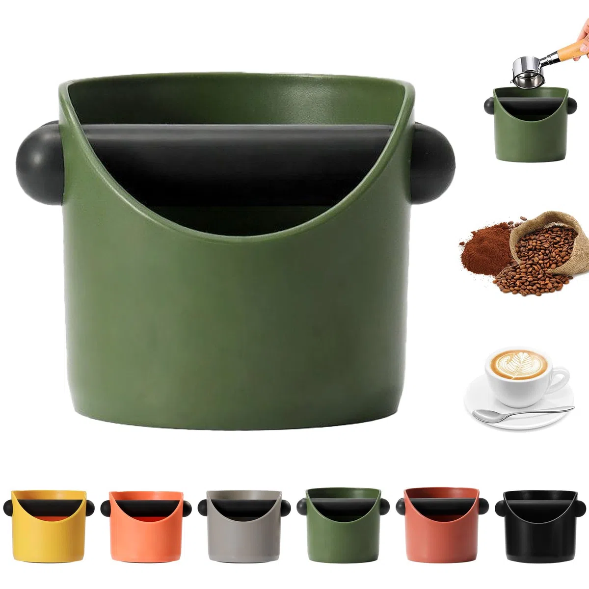 0.45L Scatola per Fondi di Caffè Verde Militare,Knock Box Compatto con Barra Antivibrante e Base Antiscivolo, Accessorio per Macchina Espresso e Barista