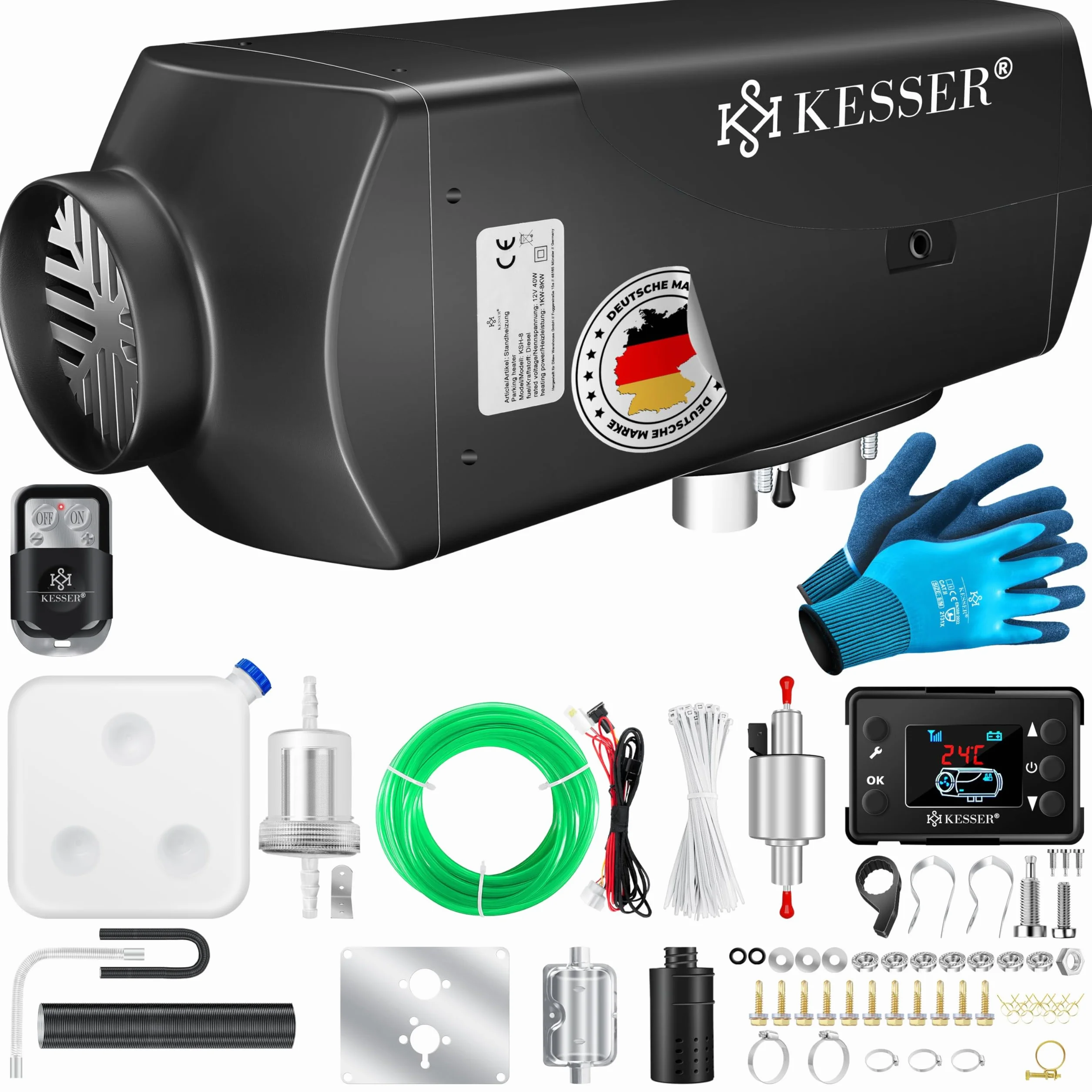 KESSER® Riscaldatore Diesel 8kW Riscaldamento Diesel 12V/24V con Timer, Display LCD e Telecomando | Riscaldamento Rapido | Riscaldatore d'Aria con Silenziatore e Termostato (Nero, 8KW)
