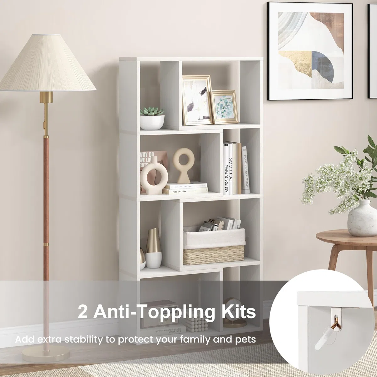 HOMASIS Libreria da Parete a 4 Ripiani, Libreria Scaffale con Piedini Antiscivolo e Dispositivo Antiribaltamento, Stile Scandinavo, Mobile Portaoggetti per Soggiorno, 60 x 20 x 120 cm (Bianco)