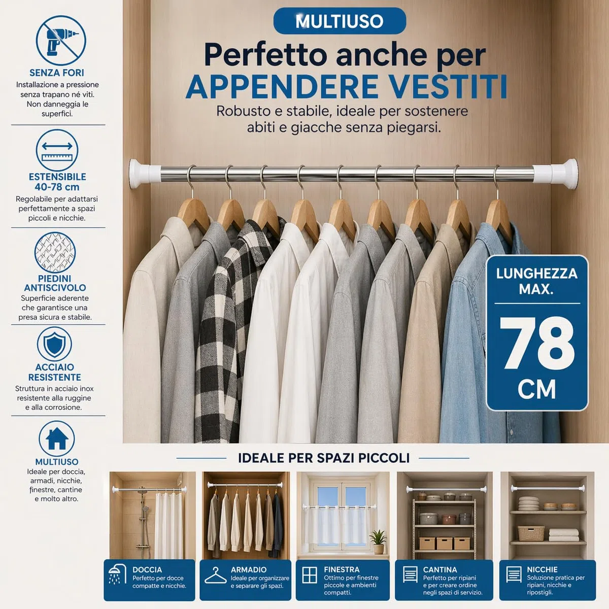 Bastone Telescopico Estensibile 48–78 cm Senza Fori – Asta a Pressione con Piedini Antiscivolo, Struttura in Acciaio Inox Resistente, Ideale per Doccia, Armadi, Nicchie e Finestre Piccole