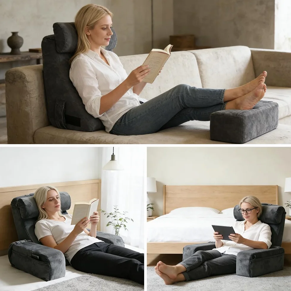 Cuscino da lettura per letto e divano, grande cuscino da lettura con corrimano, in schiuma ad alta densità, cuscino per libri con cervicale rimovibile e bracciolo, cuscino per la schiena, per leggere
