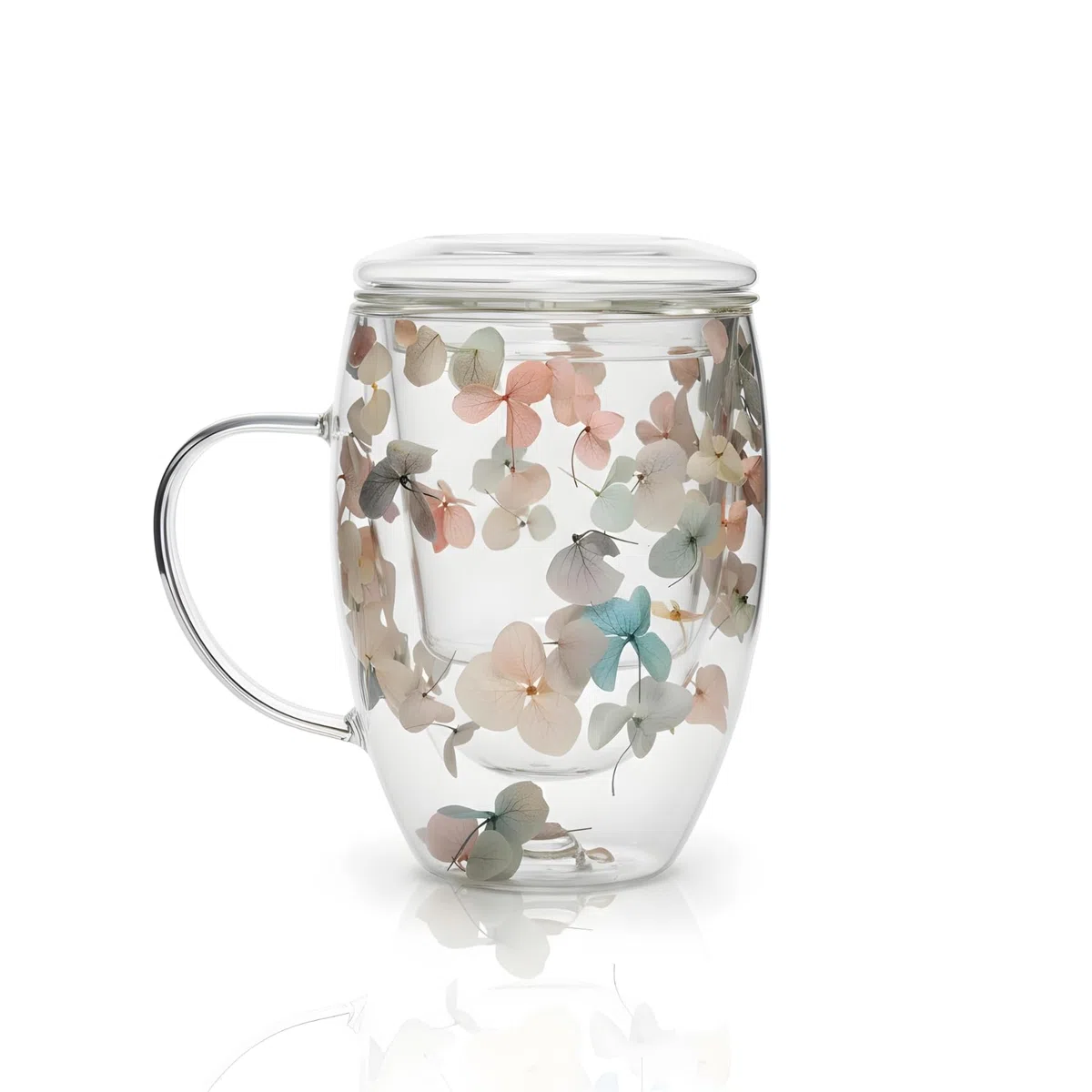 Tazza da te con infusore e coperchio in vetro a doppie pareti, con fiori, 320ml, lavabile in lavastoviglie, per tisane