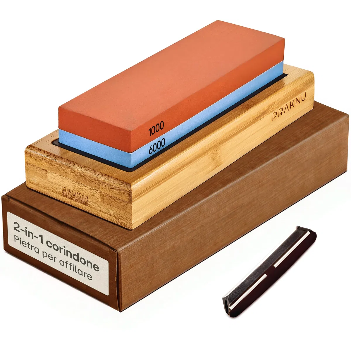 Praknu Pietra per Affilare 2-in-1 Affilacoltelli Cote 1000/6000 Grana Combinazione Affilacoltelli Professionale - con Stand Silicone Antiscivolo & Bambù
