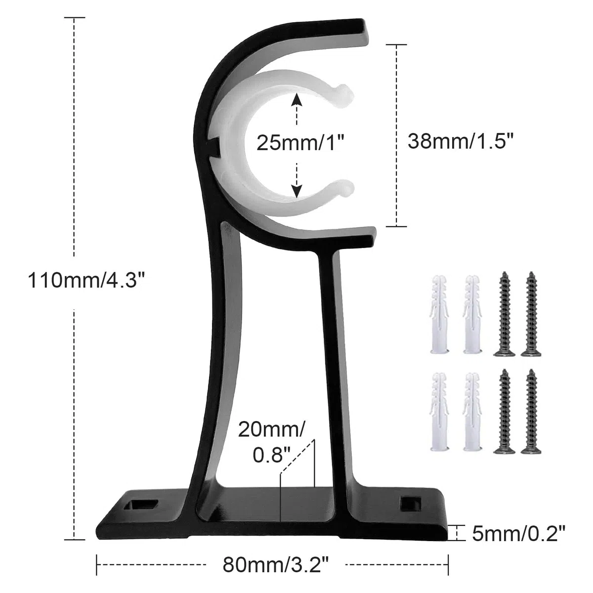Staffe per aste per tende, 2,5 cm, colore nero, resistenti, in metallo, per aste per tende da parete, supporto per aste per tende da 25-30 mm, set da 4