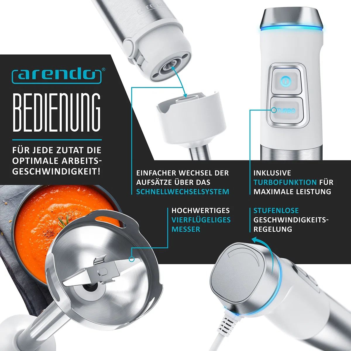 Arendo - Frullatore a immersione in acciaio inox da 1200 Watt - Frullatore ad immersione - Velocità continua - Coltello a 4 ante - Misurino da 800 ml - frusta - Piedino rimovibile