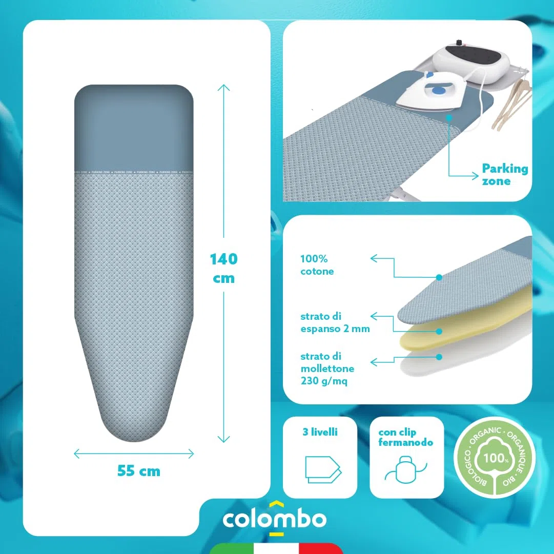 Colombo Copriasse da Stiro Parking 140x55 cm | Foderina di Ricambio per Asse da Stiro Tre Strati con Clip Fermanodo e Area Parcheggio per Ferro da Stiro | Made in Italy