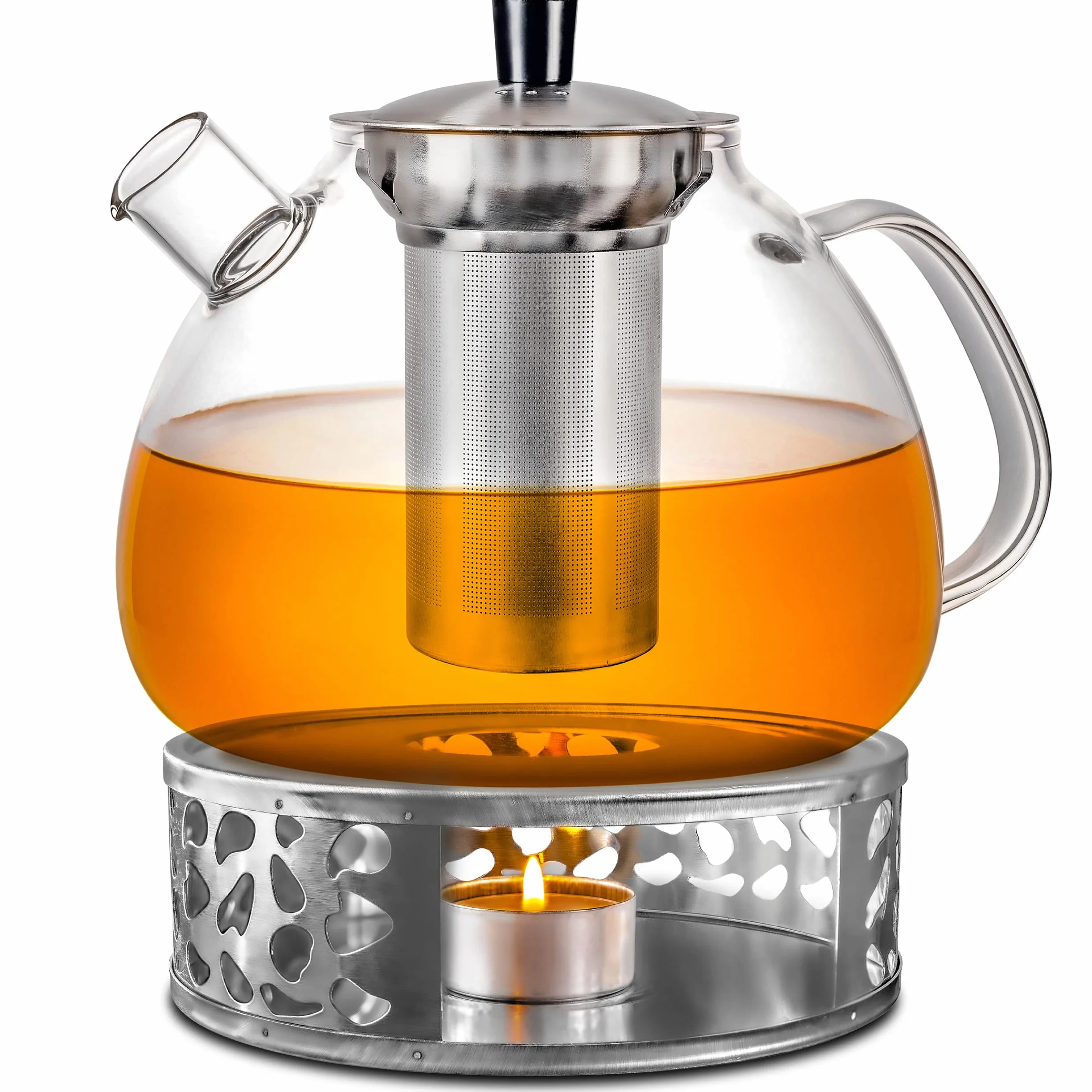 Cosumy Scalda Teiera con Porta Candele - Acciaio Inox - Mantiene il Calore - Per Teiere, Caffettiere, Cioccolato Fondente
