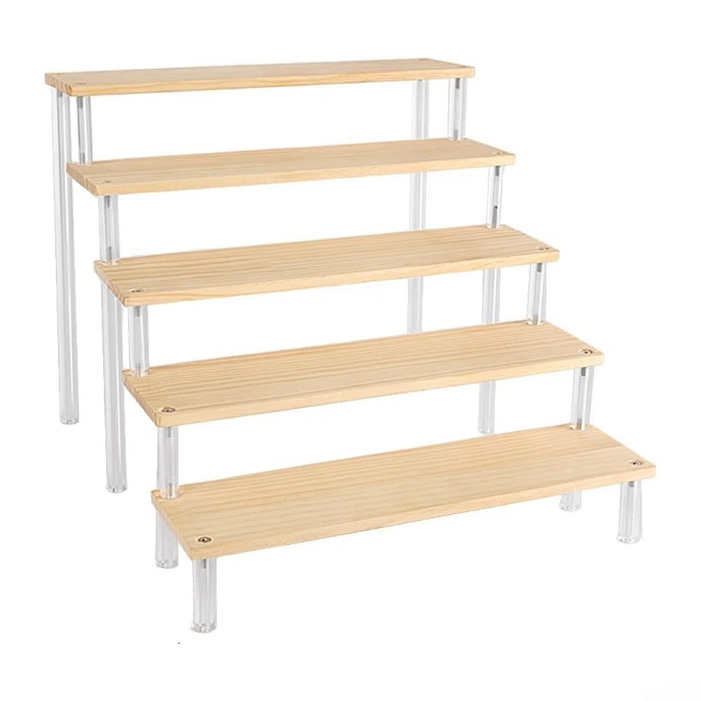 Espositore a scala in legno con ripiani in acrilico per organizzare cosmetici, cancelleria e oggetti da collezione (4 strati 30 cm)