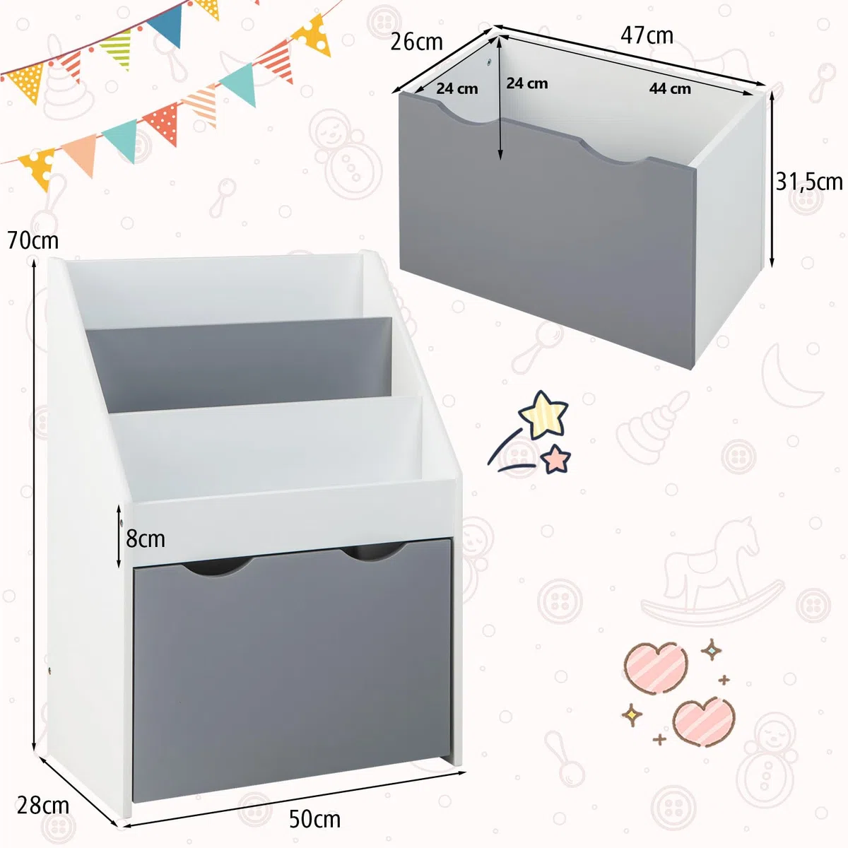 COSTWAY Libreria Montessoriana per Bambini, Scaffale per Libri a 3 Livelli con Cassetto Inferiore e 4 Ruote, per Cameretta, Stanza dei Giochi e Asilo, 50 x 28 x 70 cm, Grigio e Bianco
