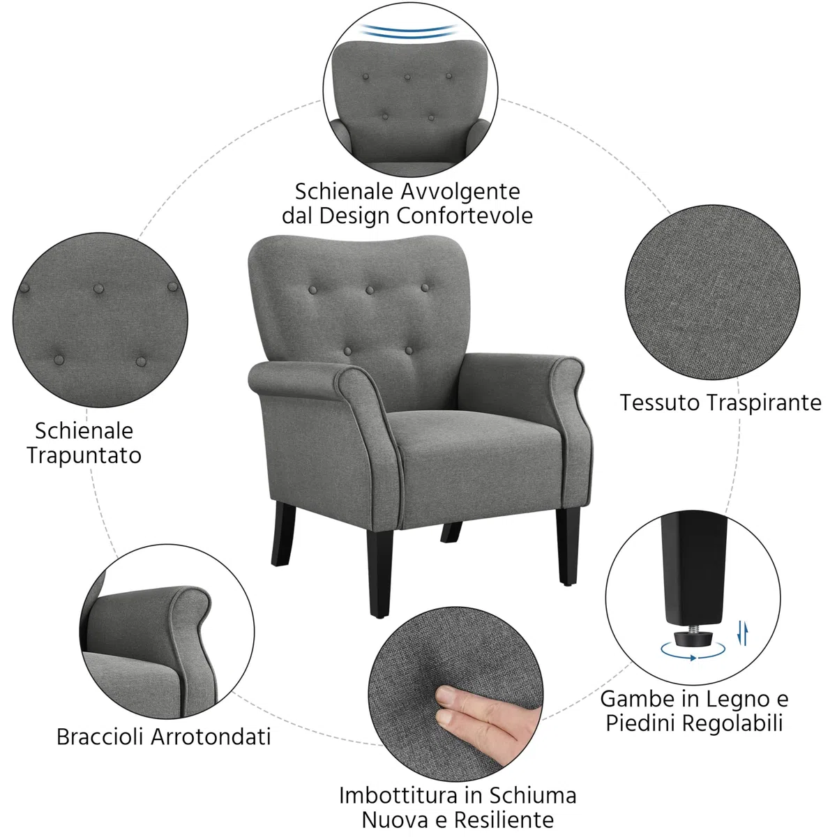 Yaheetech Poltrona da Salotto Moderna di Medioevo Divano Singolo per Soggiorno Gamba in Legno Poltrocina con Schienale Imbottito Grigio Scuro/Tessuto