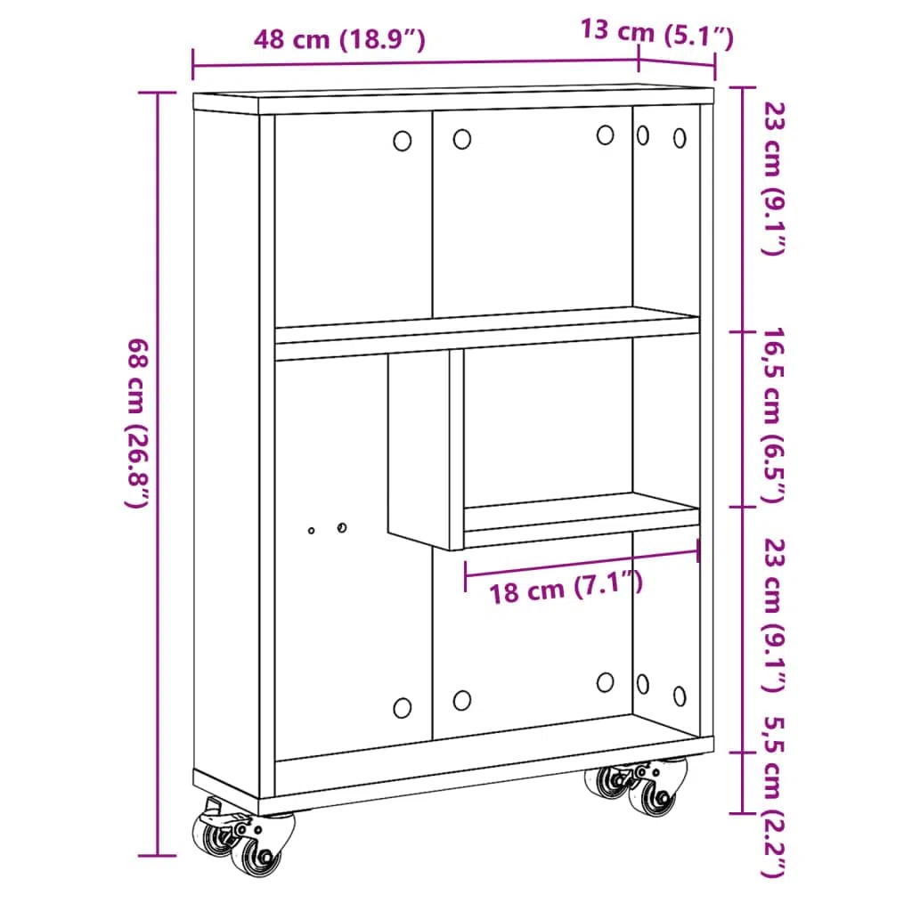 vidaXL Carrello portaoggetti Stretto in Rovere Sonoma 48x13x68 cm in Legno ingegnerizzato