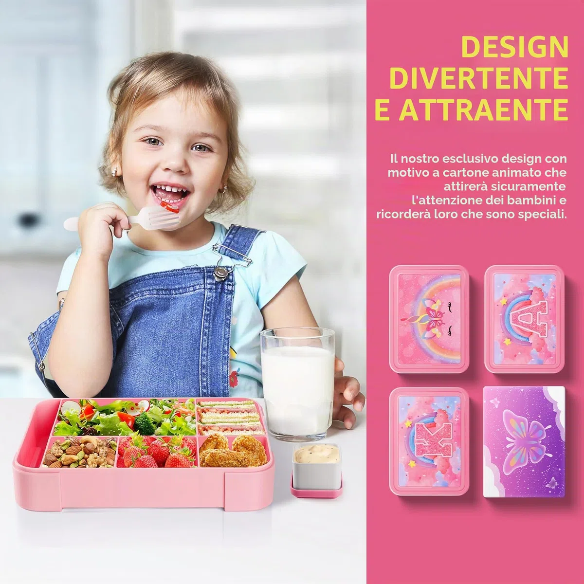 JYPS Porta Merenda Bambino, 1330ml Porta Pranzo Bambini, Lunch Box Bambina Con 6 Scomparti, Portamerenda Bambina Per Scuola, Portavivande Con Posate, Bento Box Senza BPA (Unicorno)