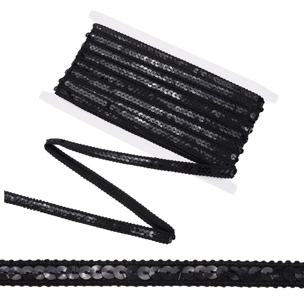 10M Strisce di Paillettes Nere Glitterate Nastro A Singola Intrecciato Pizzo Elastico Piatto Rotondo Paillettes Rotoli Nastri Lucidi in Poliestere per Abbigliamento Accessori Decorazione Fa