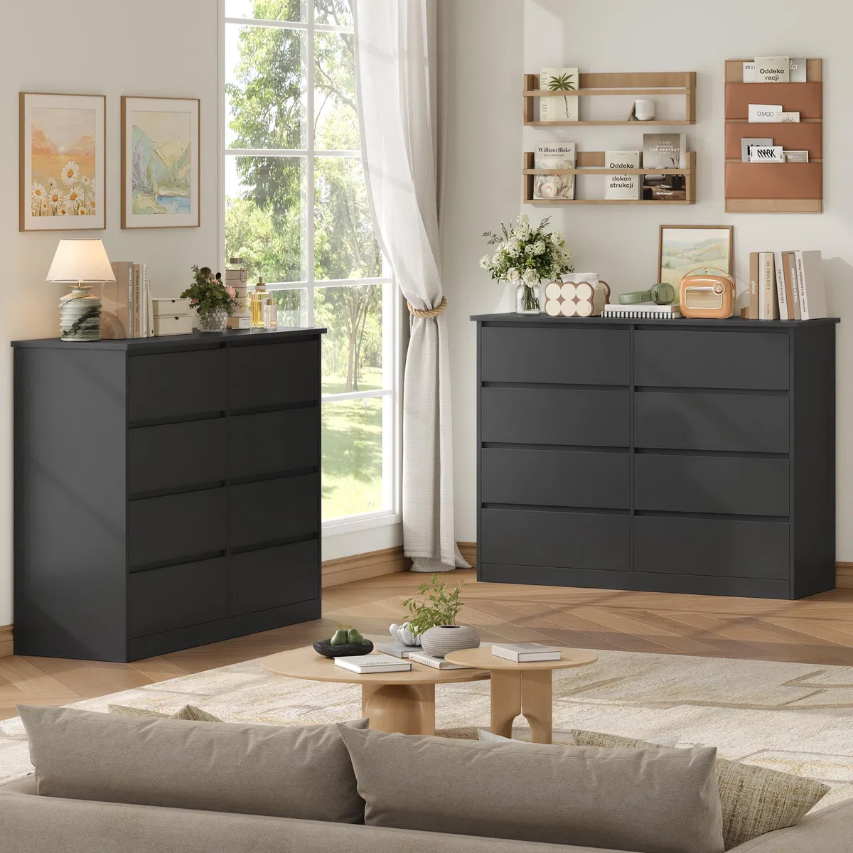 FOREHILL 120 cm Cassettiera con 8 Cassetti, Cassettiera Camera da Letto, Comò Camera da Letto, Mobile con Cassetti Moderna, per Corridoio, Soggiorno, 120x39,5x96cm (Nero)