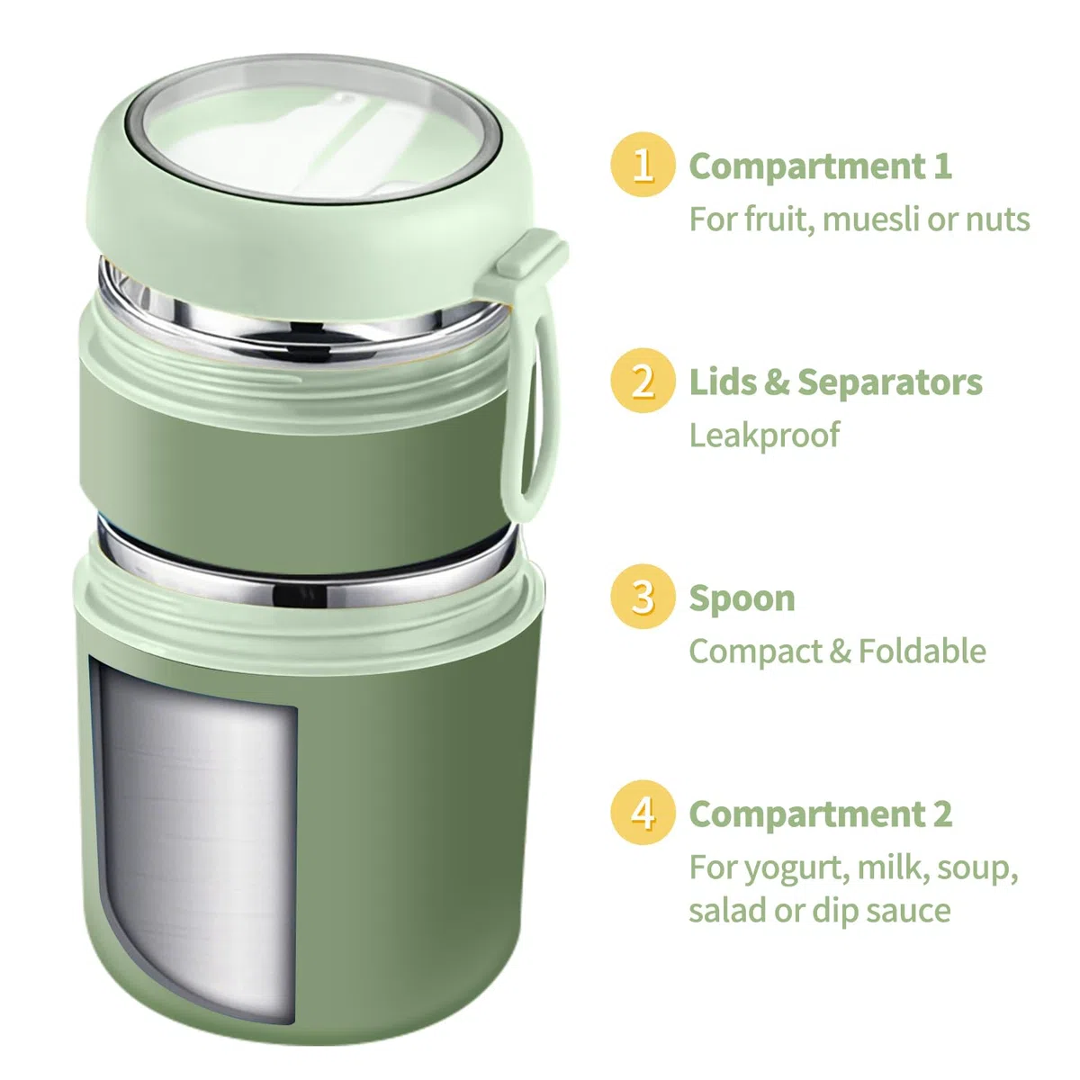 Tazza per Cereali 2 in 1, 600ml+210ml Tazza per Yogurt Portatile, Riutilizzabili Tazza di Muesli To Go per muesli, yogurt, pappe, porridge, avena notturna, gelati e zuppe (Verde)