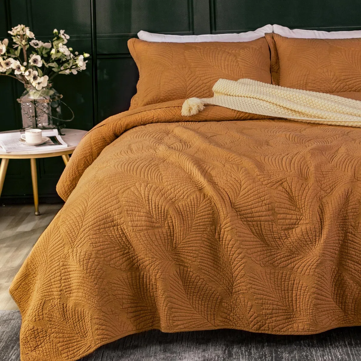 Qucover Copriletto Matrimoniale Cotone Arancione, Trapuntato Extra Morbido, Motivo a Foglie per Stagioni, 230x250cm