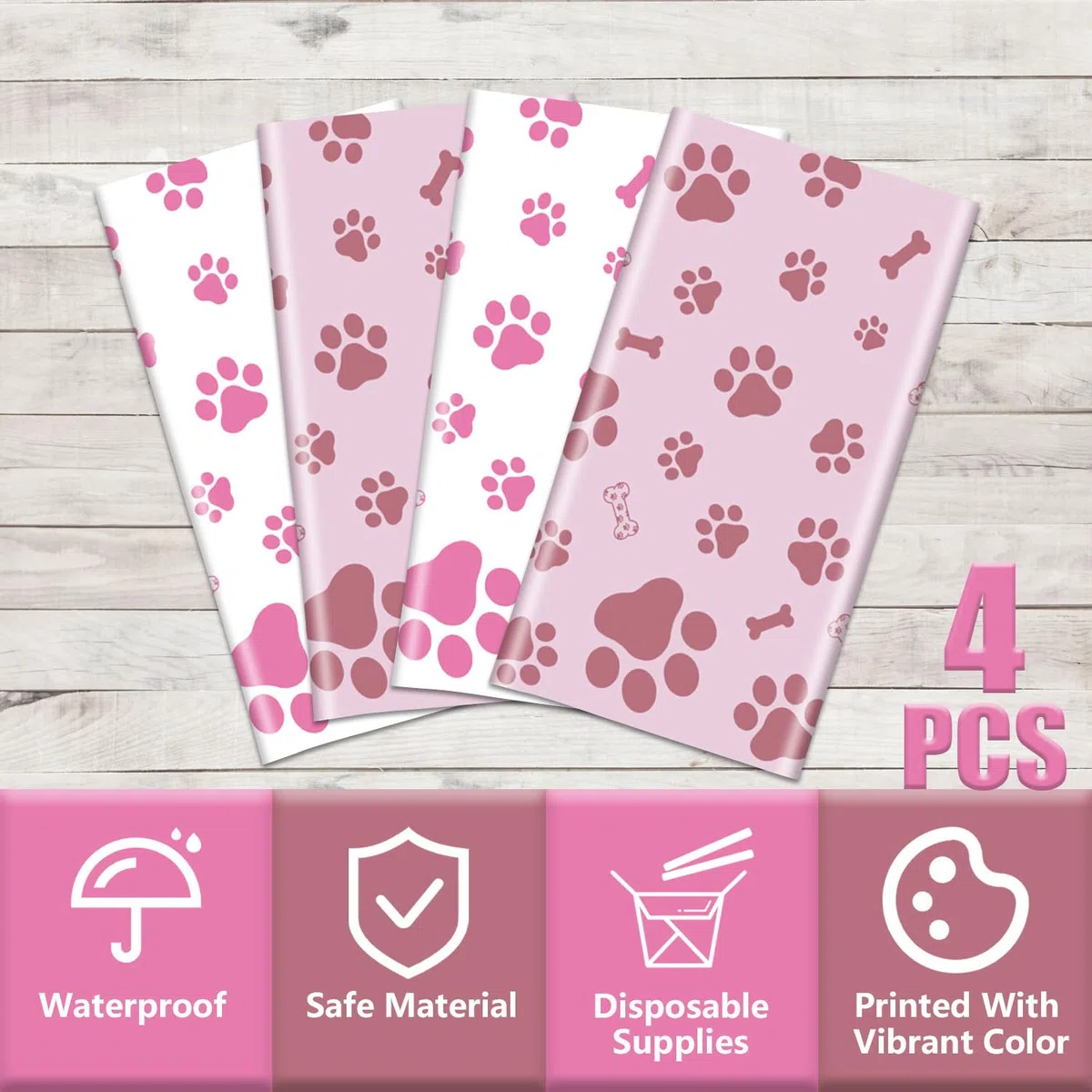 Tovaglia con stampa di zampe di cane rosa, 4 pezzi, rosa e bianco, per feste di compleanno a tema cane, 130 x 220 cm