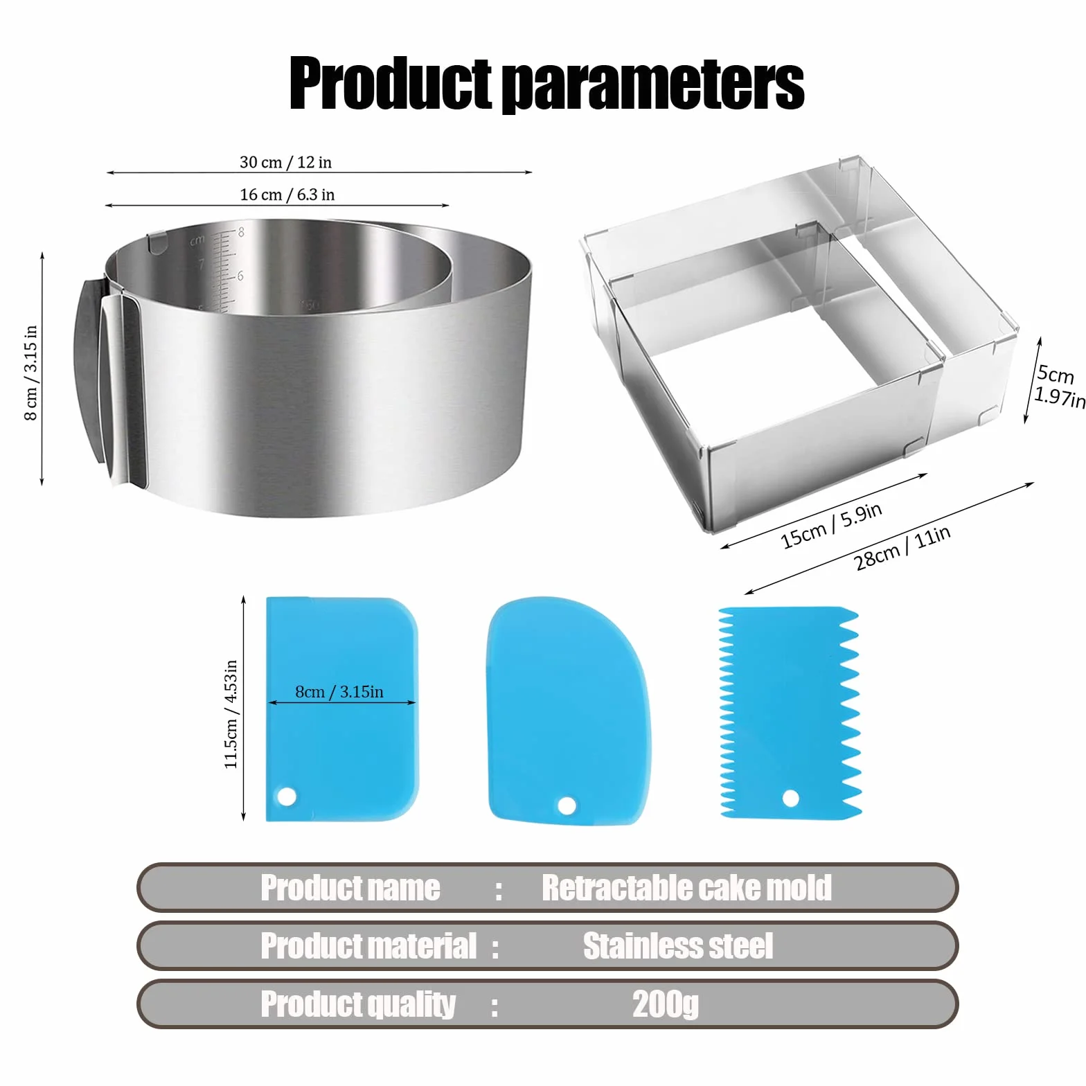 2 pcs Anello per Torta in Acciaio Inossidabile,Diametro Regolabile da 16-30cm(6-12 Pollici),DIY Stampo Circolare per Pan di Spagna,Dolci,Pasticceria,Torte Mousse(1 Anello Rotonda + 1 Rettangolare)