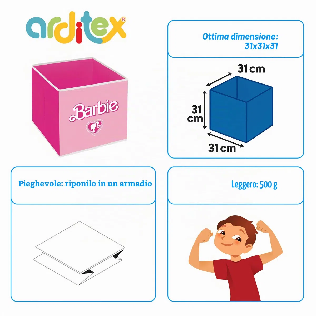 ARDITEX - Contenitore organizzatore Pieghevole Barbie di Mattel - 31x31x31cm - per riporre Giocattoli, Vestiti e Accessori