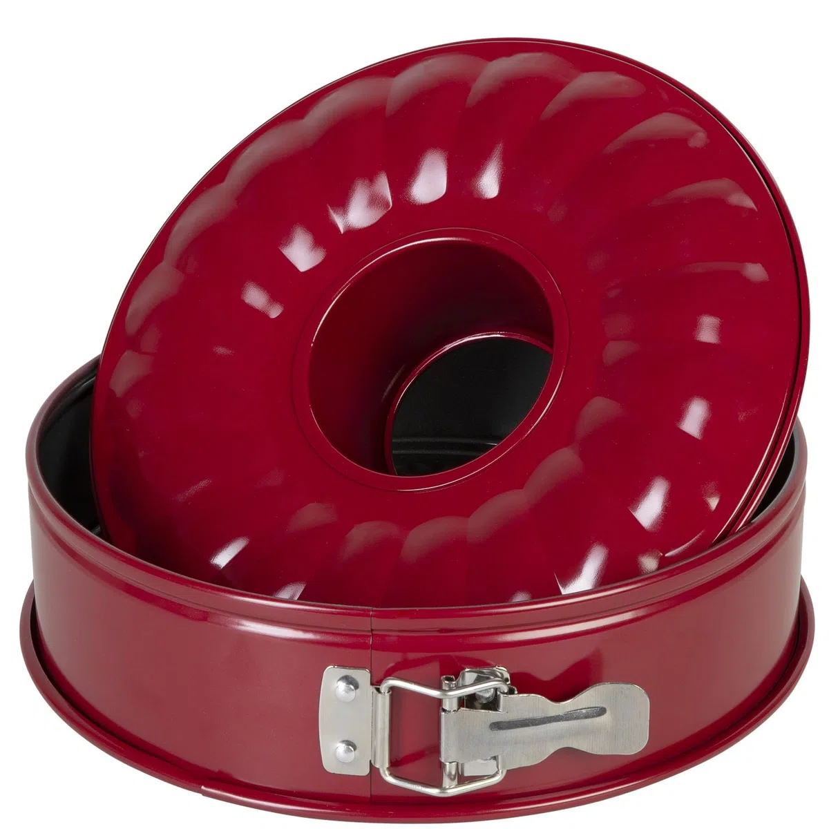 wenco Tortiera a Cerniera Rotonda Ø 26 cm – Stampo per Torte e Dolci con Fondo Piatto e Fondo a Ciambella – 2 Fondi Intercambiabili – Antiaderente, Antigoccia, Rosso
