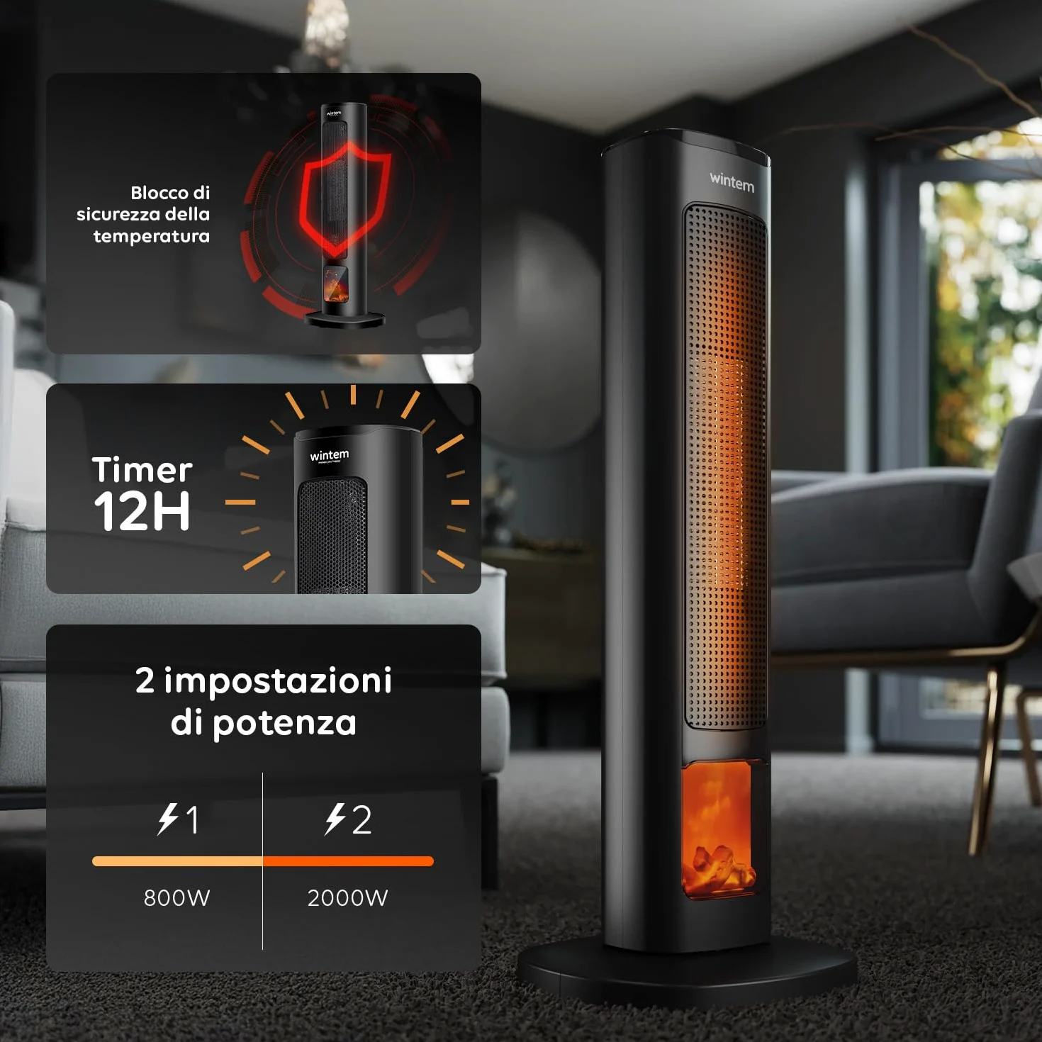 Wintem Stufa Termoventilatore Elettrico a Torre 800/2000W con Display Effetto Camino e Telecomando 60cm - Ideale per un Riscaldamento in Sicurezza Grazie alla Funzione di Spegnimento Automatico