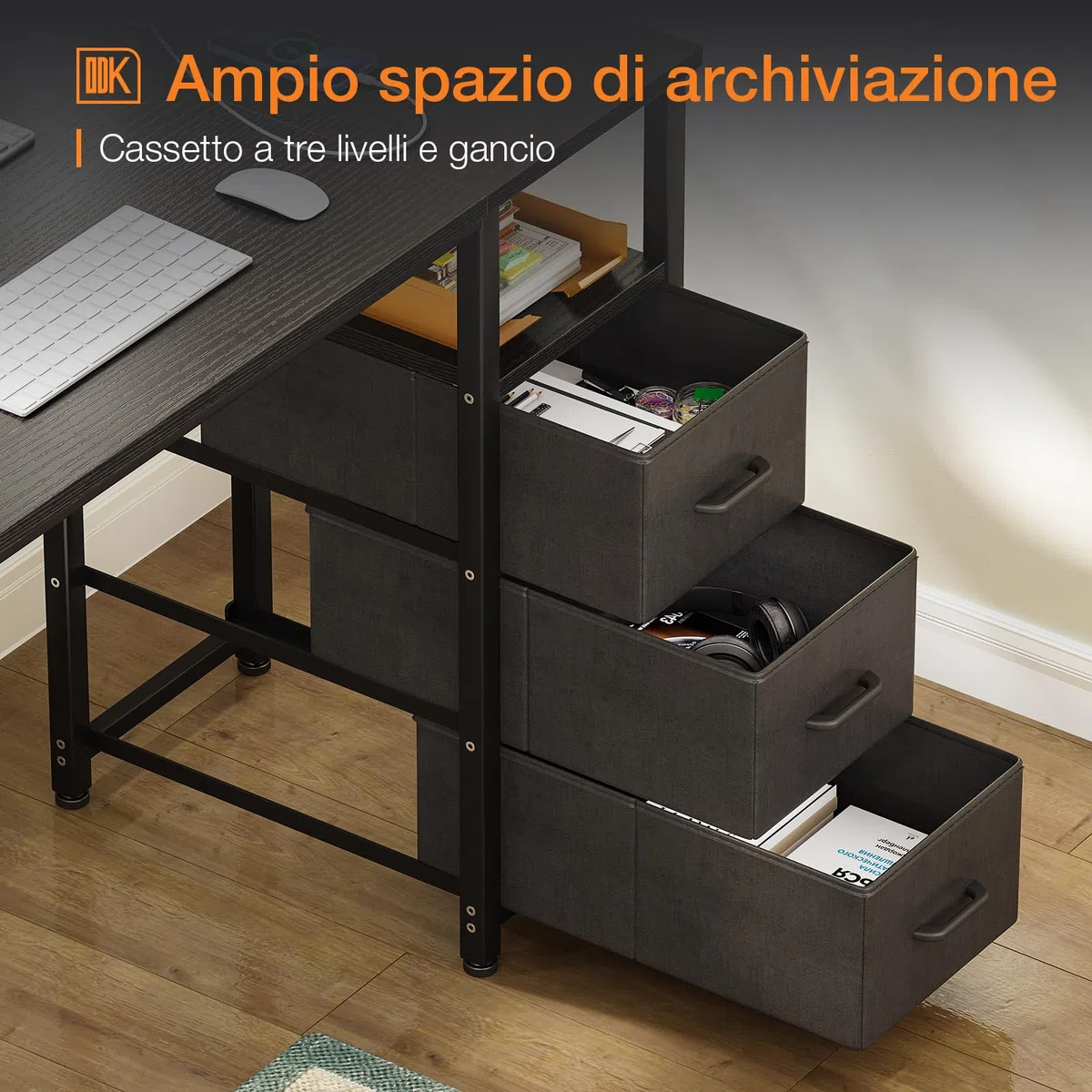 ODK Scrivania con 3 Cassetti, 120x48x75,5 cm Scrivania per Ufficio con 2 Prese di Corrente e Prese USB, Scrivanie PC Reversibili Scrittoio Scrivanie per Computer Domestico, bureau, Nero