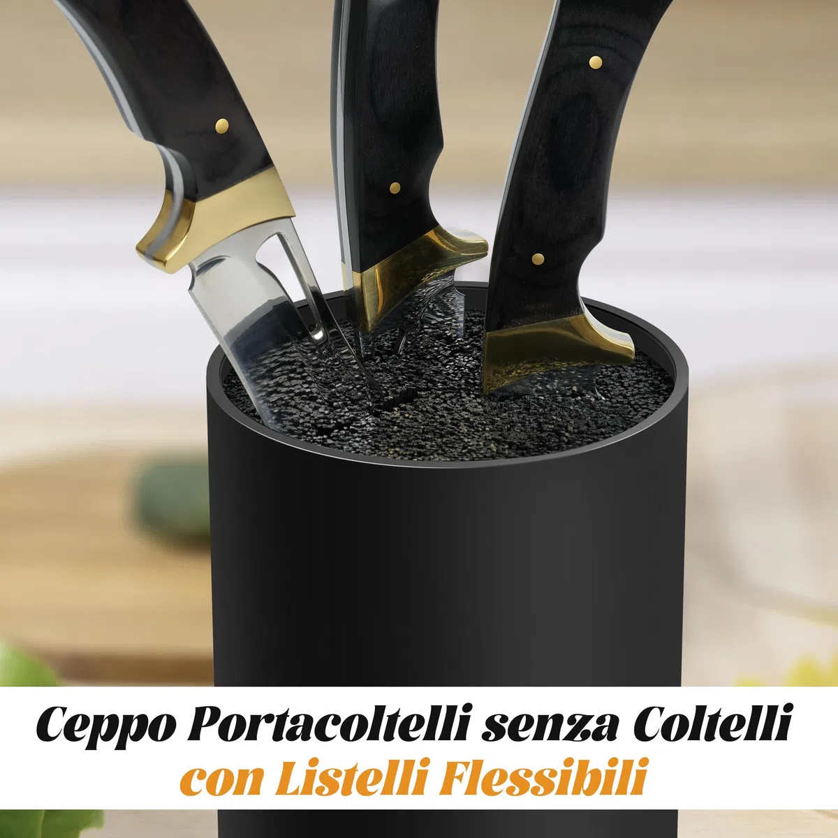 Ceppo Portacoltelli senza Coltello - Ceppo Portacoltelli non Attrezzato - Ceppo per Coltelli Nero con Lamelle Flessibili - Porta Coltelli da Cucina con Cassetto Portacoltelli