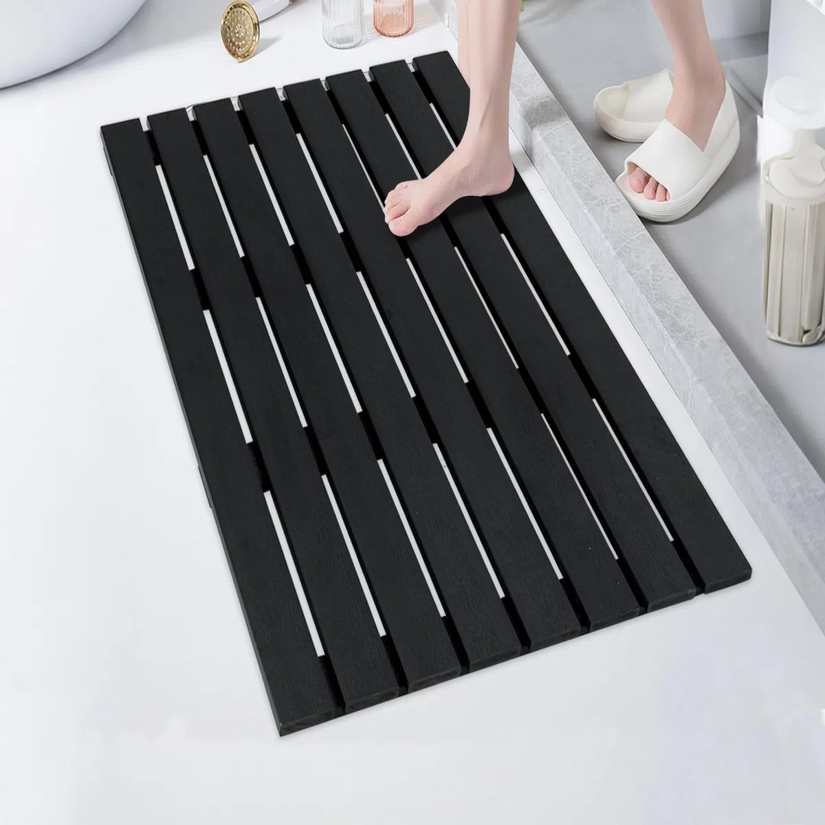 SOARS Tappetino doccia antiscivolo, griglia per esterni e interni, 100 x 60 cm, materiale WPC impermeabile e robusto, finitura effetto legno, carico 150 kg, per bagno, piscina, ingresso, nero