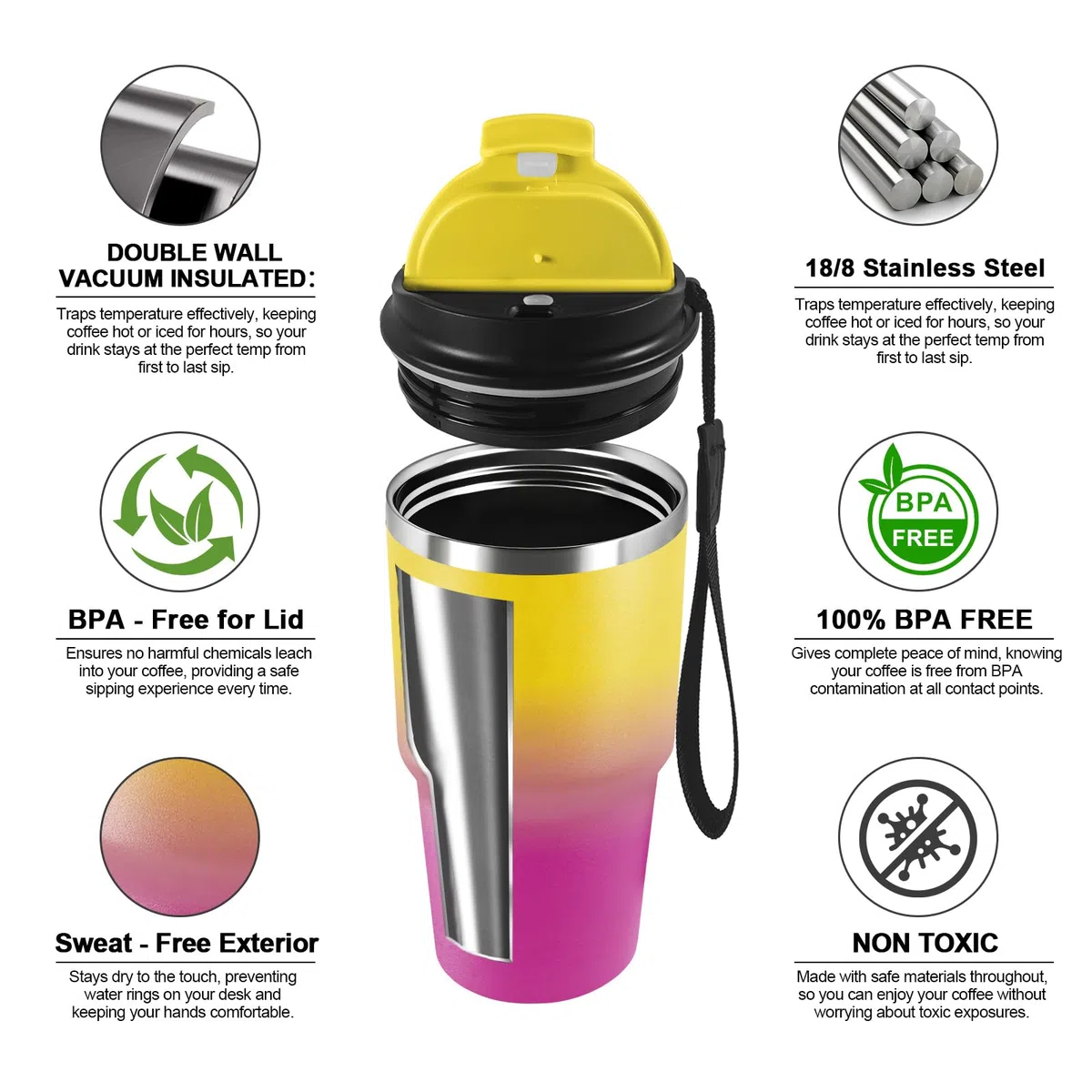 KollyKolla Termo 600ml, Termo in Acciaio Inossidabile con Doppia Pared Aislante, Riutilizzabile, Privo di BPA, Tazza Termica Portatile a Doppia Pared con Coperchio, per Ciclismo, Ufficio, Caffè