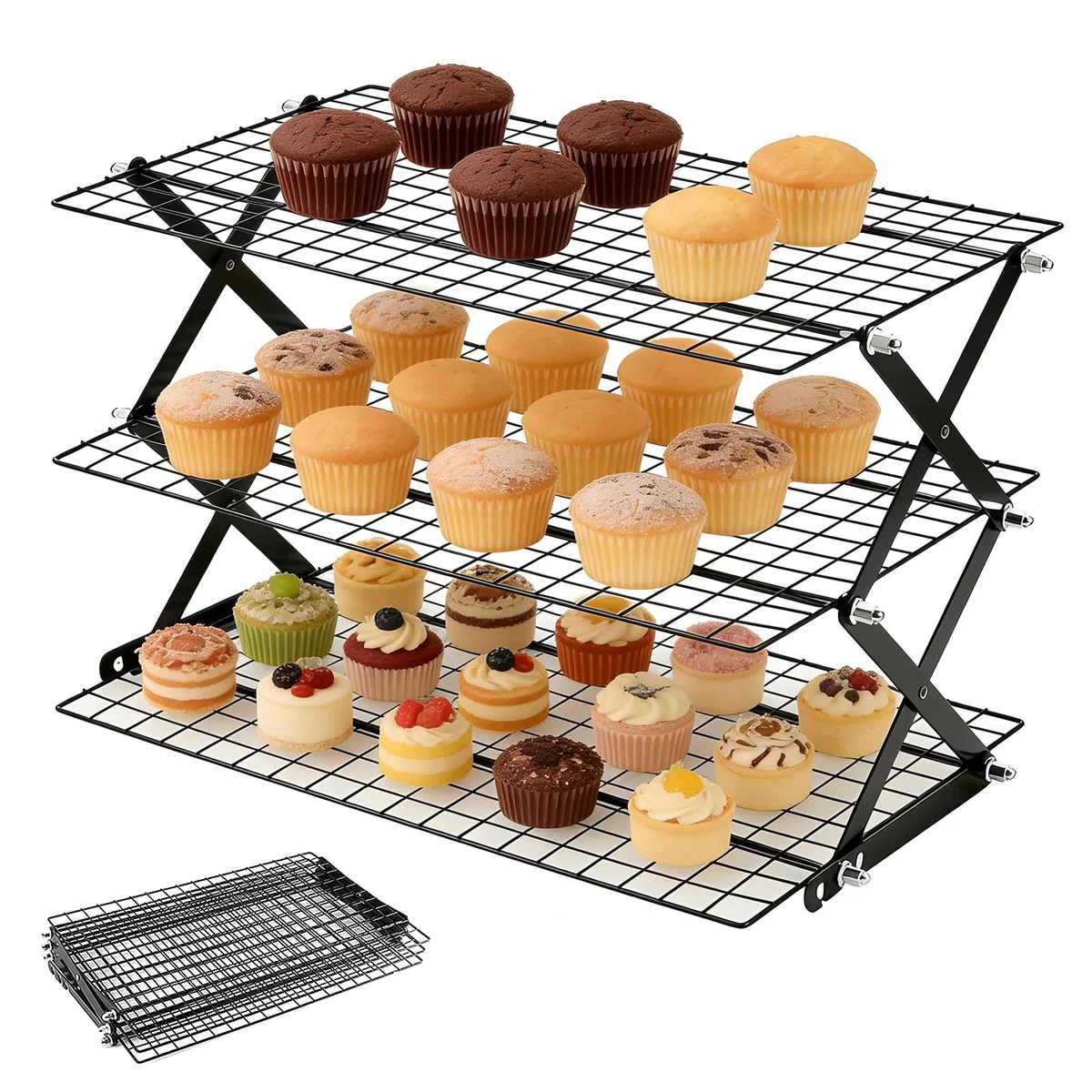 Griglia di raffreddamento impilabile 43,5×25 cm, griglia per torte a 3 livelli, griglia per torte in acciaio inox, griglia di raffreddamento, griglia per torte impilabile Raffreddamento uniforme e