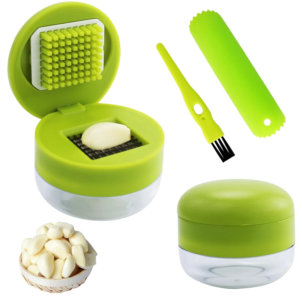 Set di 2 spremiaglio, con pelapatate in silicone e spazzola per la pulizia, tritatutto e pelapatate, schiaccia aglio, spremi aglio per aglio tritato, zenzero, cipolla e frutta