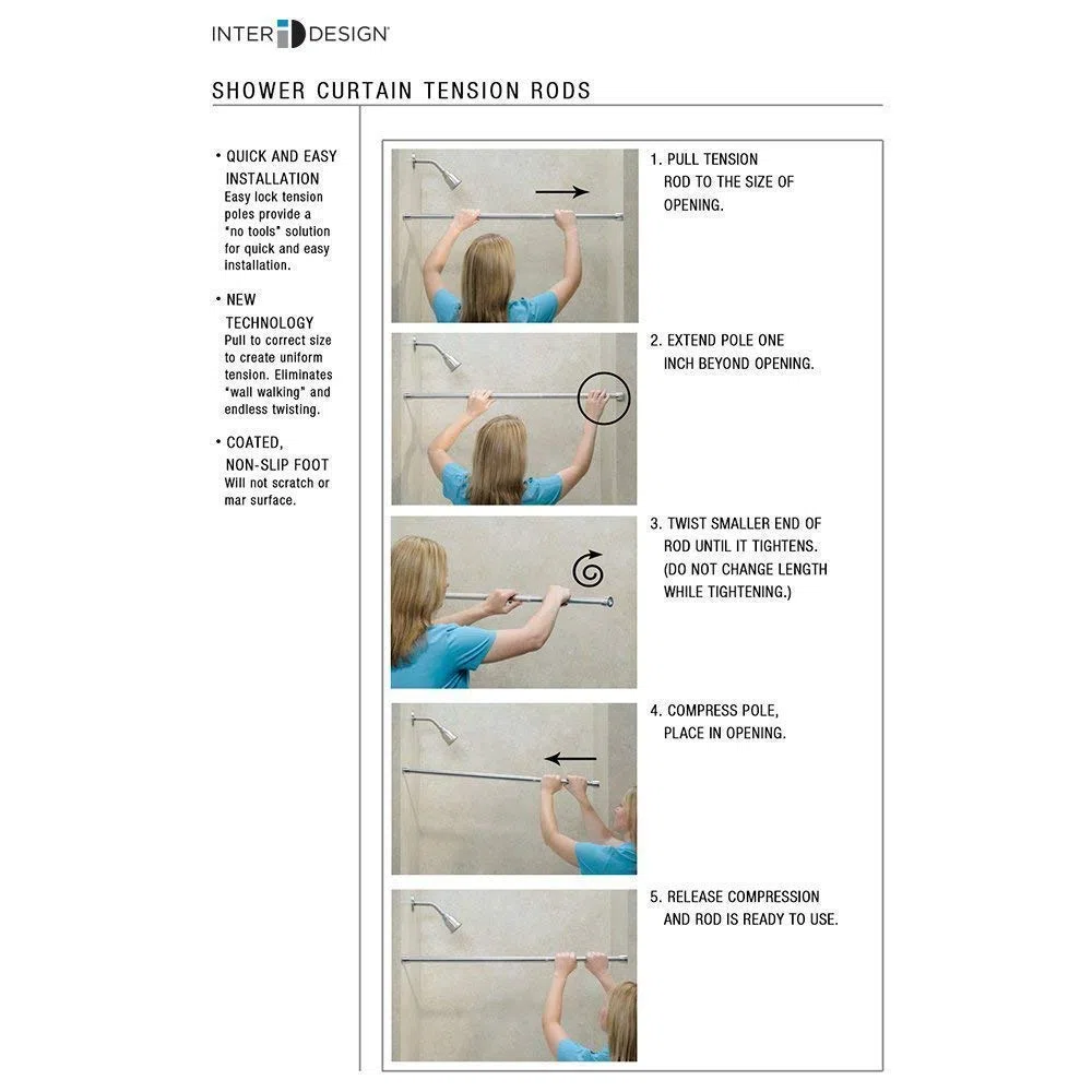 InterDesign Asta per tenda da doccia, telescopica corta in metallo, estensibile senza foratura per doccia e vasca da bagno, nero opaco