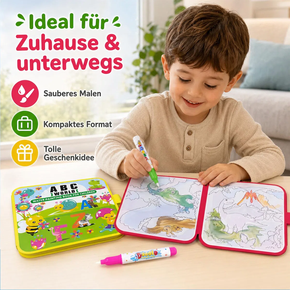 LEMONSTONE 2 libri da colorare ad acqua a partire da 1 2 3 anni, libro da colorare riutilizzabile con 2 penne ad acqua, libro magico per bambini e ragazze, 20 x 20 cm
