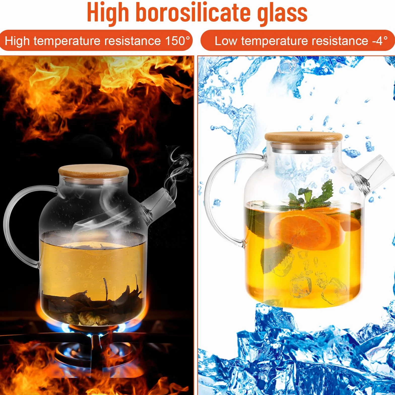 Kasanni Teiera In Vetro 1.8 L Copertura In Legno Con Filtro Resistente Al Freddo e ai Calore, a Prova di Esplosione Teiera Vetro Borosilicato Adatto Per Tè, Tisane Profumate e Bevande Alla Frutta