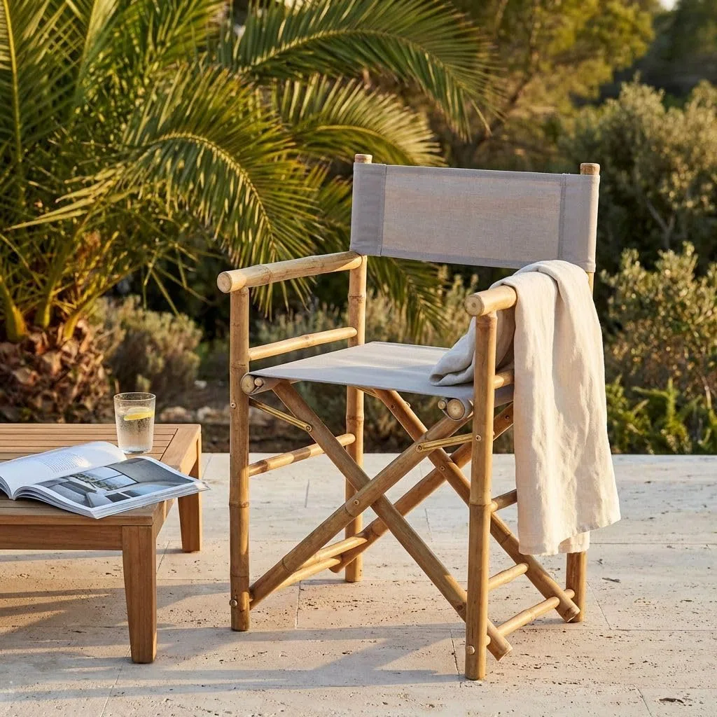 milani home - poltrona regista pieghevole, bamboo e tessuto, tortora e marrone, seduta pieghevole outdoor