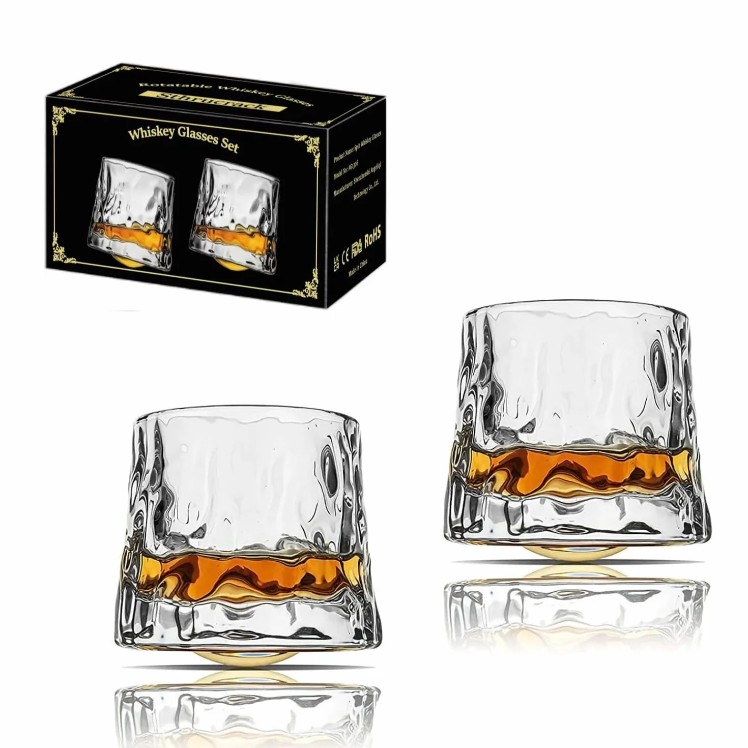Set di 2 bicchieri da whisky rotanti e decompressivi - Old Fashioned, stile da bar, per bourbon Scotch Rum (confezione da 2 pezzi, texture a martello, 180 ml)
