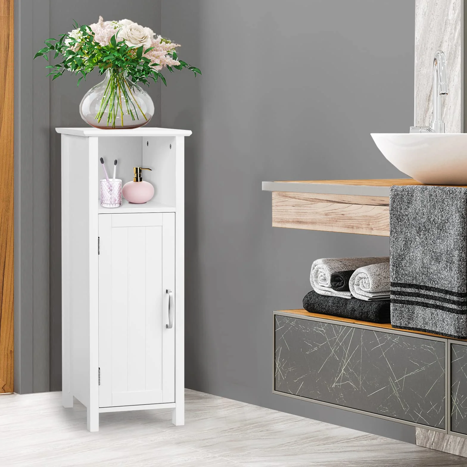 GIANTEX Armadietto da Terra con 3 Ripiani Regolabili in Altezza, Mobiletto Multiuso a Colonna per Soggiorno, Cucina, Corridoio, Camera da letto,Bagno, 30x30x80 cm (Bianco)