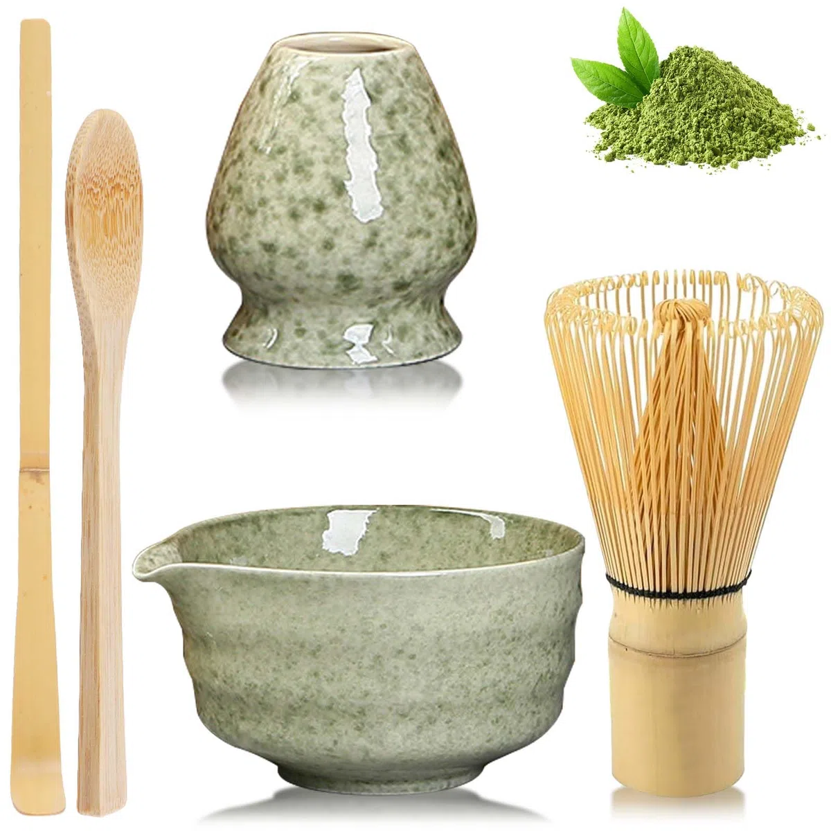 Matcha Set da tè Matcha, Matcha, Mescolatore Matcha, Frusta Matcha, Ciotola Matcha in ceramica, Ciotola Matcha con beccuccio, supporto per agitatore e cucchiaio di bambù, accessori Matcha Set regalo