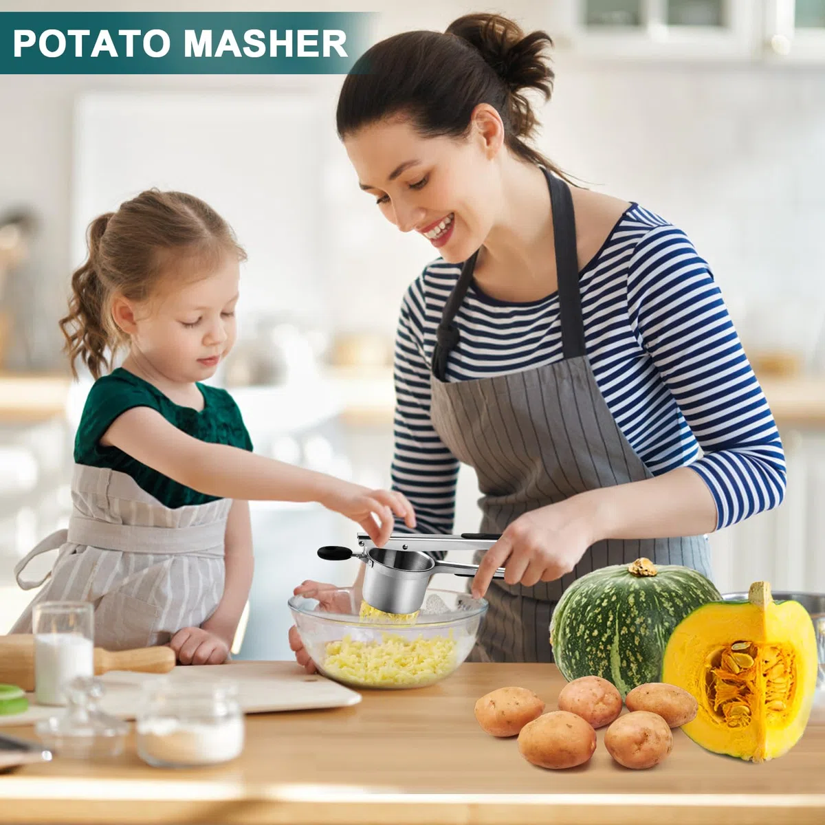 VFANDV Schiacciapatate Manuale in Acciaio Inox Con 3 Setacci Spaetzle Intercambiabili per Purè di Patate, Frutta, Verdure e Bébé