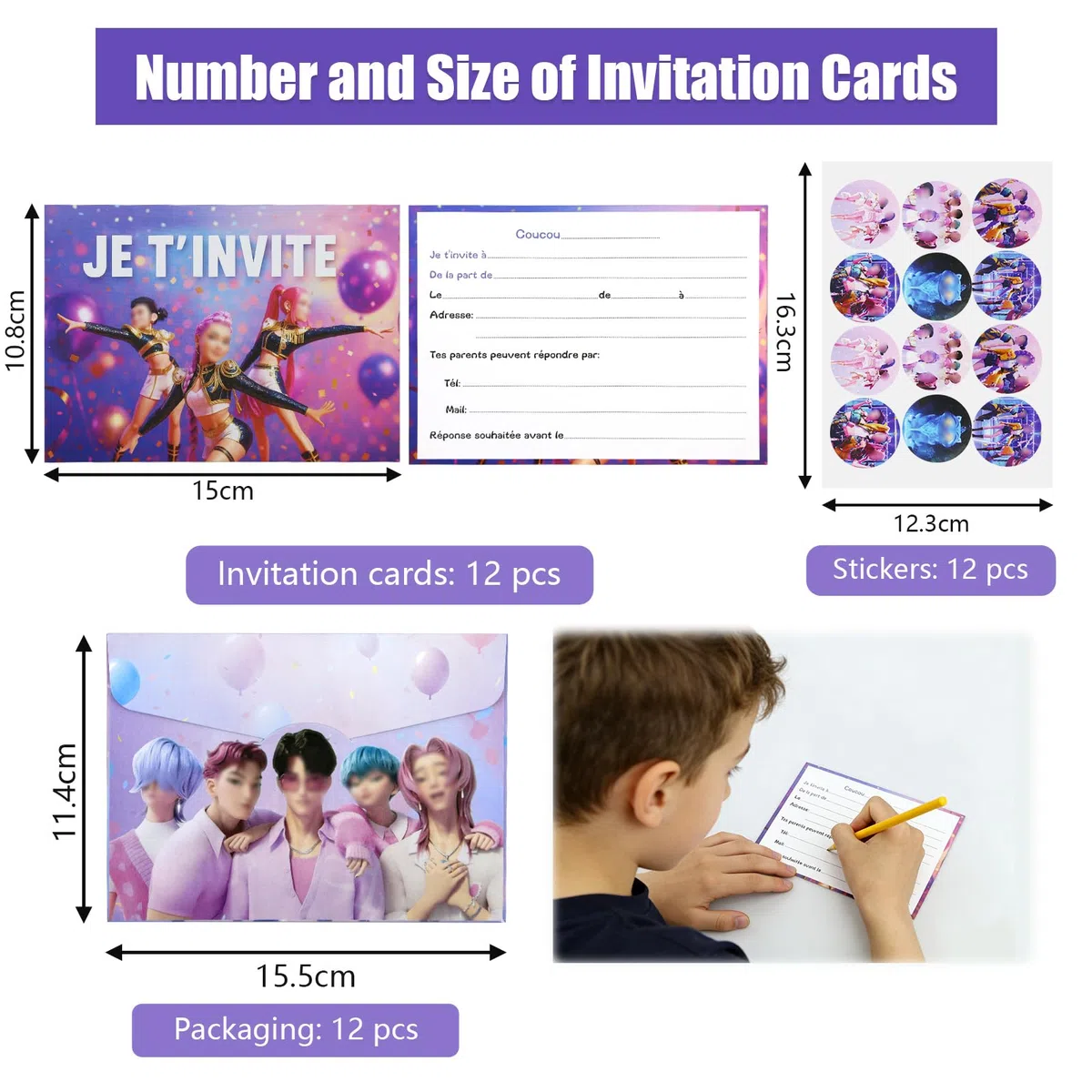Kit di 12 biglietti d'invito per compleanno K-pop con 12 buste e 12 adesivi, biglietto di invito compleanno per bambini, ragazze, ragazzi, adulti, tema neon Kpop