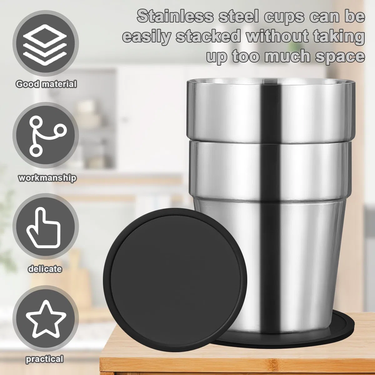 Set di 4 tazze in acciaio inox a doppia parete + silicone Coaster, impilabili, tazze da caffè/tè/bicchieri da birra, per casa, feste o campeggio, 6 once (175 ml)