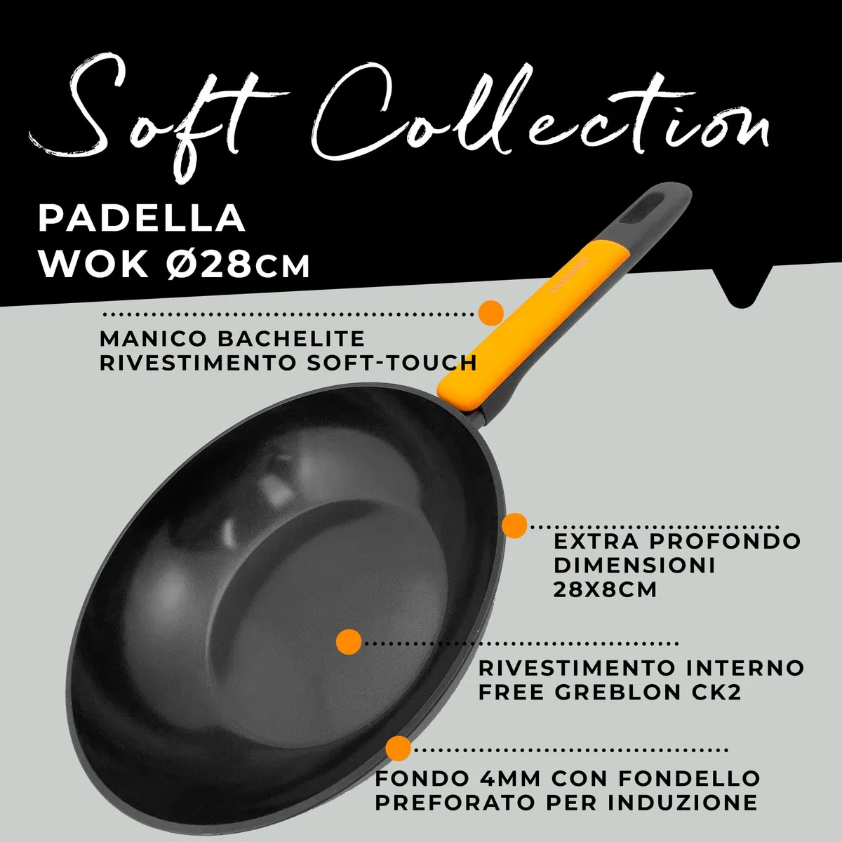 Fackelmann Wok Padella in alluminio forgiato Ø28x8 cm, padella con rivestimento antiaderente, per tutti i piano cottura, induzione, senza PFAS, Linea Soft Collection